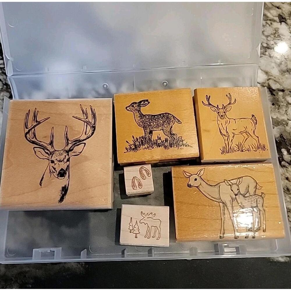 Rubber Stamp Set Noble Deer Buck Hunter Fall Fawn Moose Woods In Case